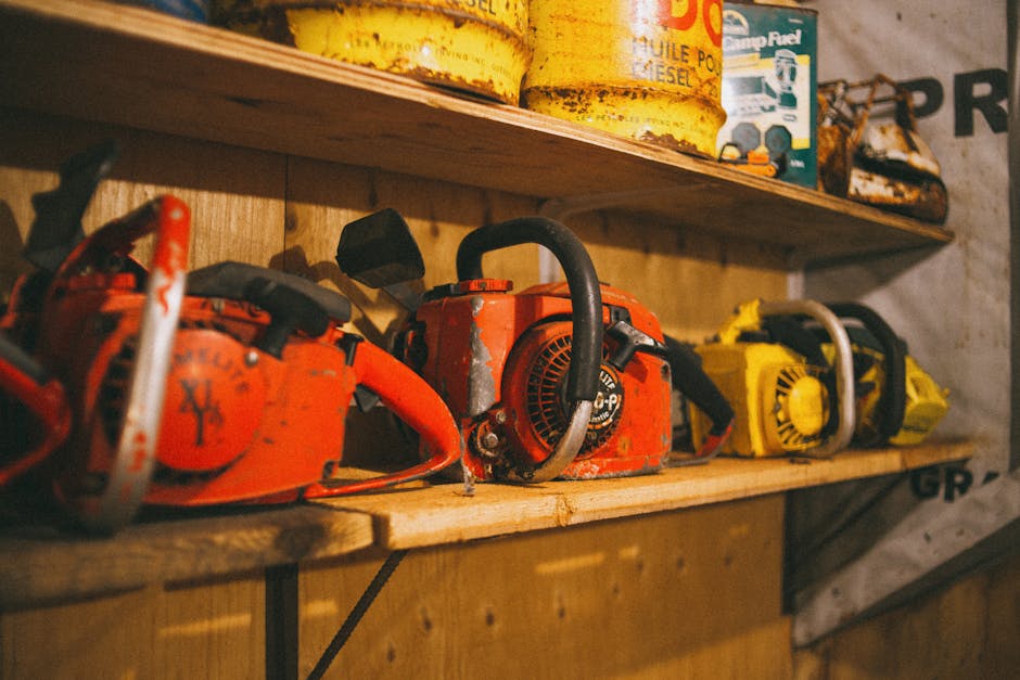 Collection of vintage chainsaws on a wooden shelf in a workshop setting.